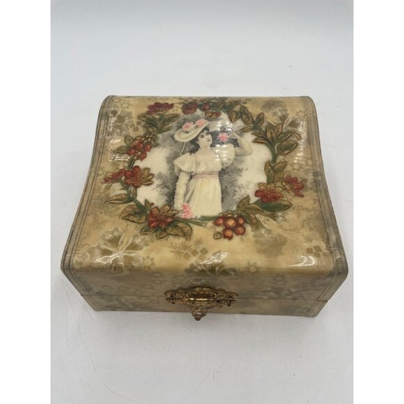 Antique Floral Shaving Mug & Brush Set In Victorian Celluloid Box Gold Accents - Picture 1 of 16